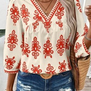 Women's Cream and Red Boho Top